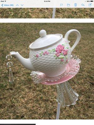 Garden teapot ornament, handmade from vintage China,crystal cut glass.Weather resistant. See more on FB Susan Sargent St.Germain