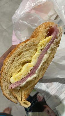 breakfast ham, egg, and cheese croissant sandwich