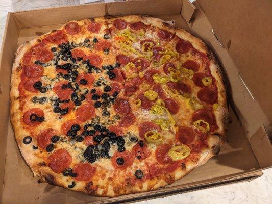 Pepperoni with half olives and half bannana peppers