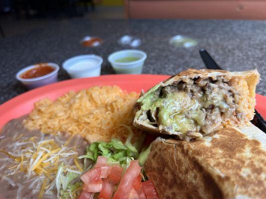 Asada burrito plate with added guacamole