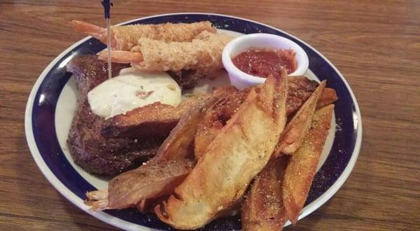 Surf and turf. Sirloin and Seaweed Shrimp. With our hand cut potato wedges.