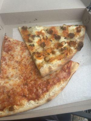 Cheese pizza & Buffalo chicken pizza