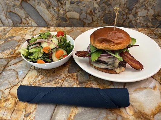 California Wagyu Burger and side salad