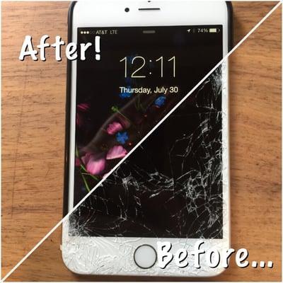 Here is a before/after shot of an iPhone 6plus we took care of at Starbucks last week! Happy phone, happy customer!