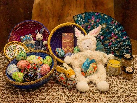 Easter goodies!  Organic Cotton bunny, Hand-painted Eggs, Fair Trade Chocolate Welch Co. Candle!