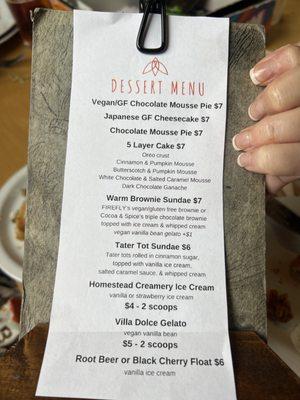 Seasonal dessert menu