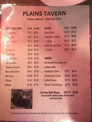 Plains Tavern menu