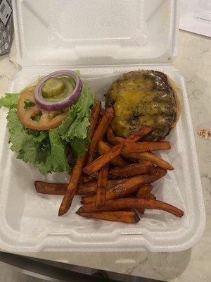 Burger and sweet potato fries, very good!