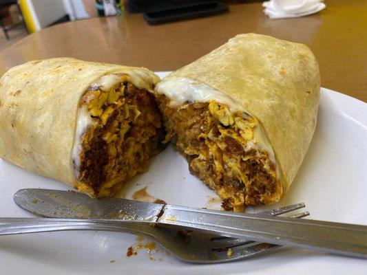 Chorizo and eggs super burrito