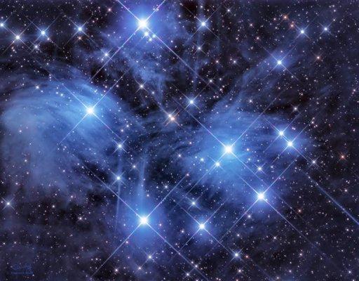 Pleiades Star Cluster -  Seven Sisters ... A misty patch of icy blue stars surround the "sisters".  Only see six?  Call us.