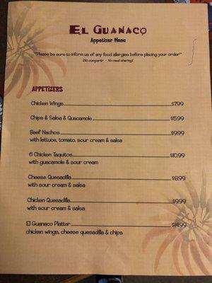 Appetizer menu