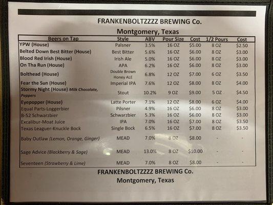 Beer and Mead menu