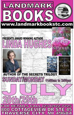 We are happy to host award winnng author Linda Hughes July 28th and 29th for a special signing.