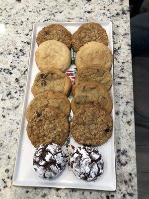 From top: oatmeal choc chip, snickerdoodle, choc chop, oatmeal raisin, and chocolate crackle cookies!