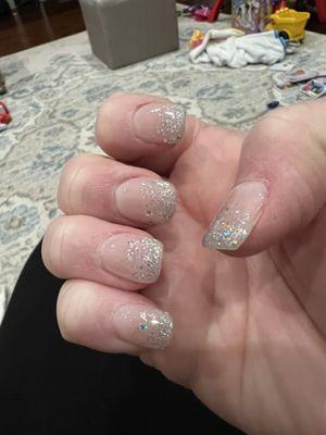 I saw a manicure like this on Pinterest and they recreated it perfectly!  I love all the glitter sparkles.