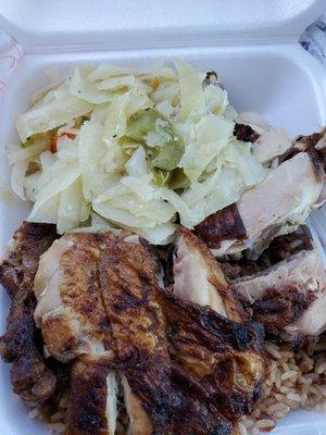 12/22/20 carryout Dark Meat "Jerk Chicken" with rice, beans, and Cabbage.