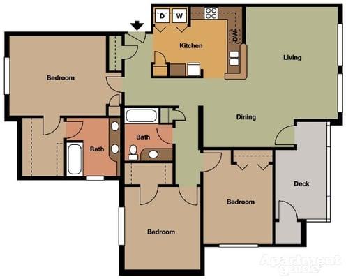 Three Bedroom Floorplan. 1307 SQ FT