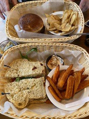 West of Eden sandwich with sweet potato fries and the Gouda Burger with fries