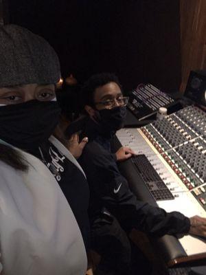 Studio A with Engineer Tim and me after two consecutive 15 hour days so excuse my eyes.