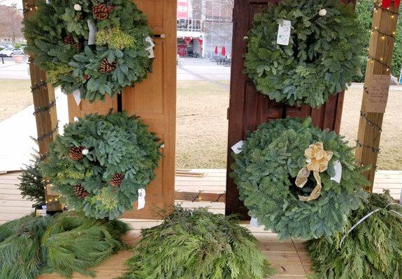 Wreaths of several styles and sizes, and five types of garland