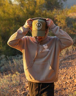 Camelback Mountain Camel Hoodie & Olive Desert Bum Trucker Hat.