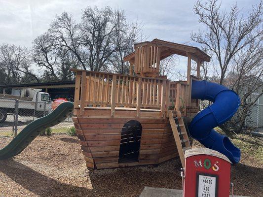 Come play on our new pirate ship play ground! Complete with climbing wall, slides and even a crows nest for kids to survey the area.