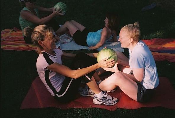 We like to work out with unusual objects...pumpkins, watermelons, even our own kids!