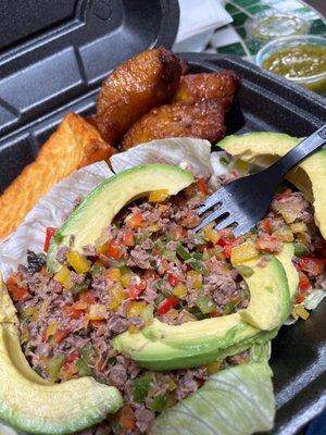 Salpicon !  Minced meat with peppers, lemon avocado