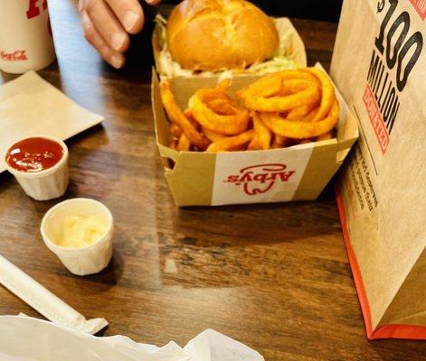 Curley fries and buffalo chicken sandwich