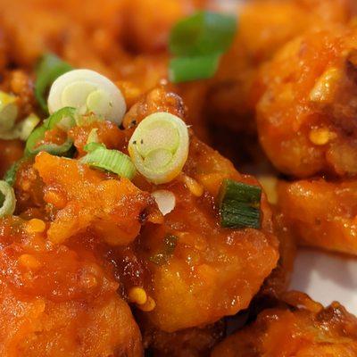 Gobi Manchuria, garnished with green onions: nice spice and the cauliflower breading had the perfect crunch