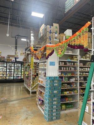 Aisles decorated with Diwali garlands