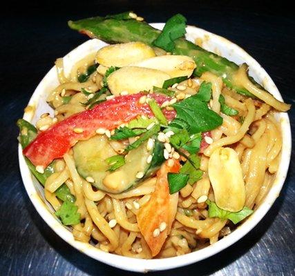 Thai Sesame Noodles with a sweet and spicy peanut sauce and Fresh veggies