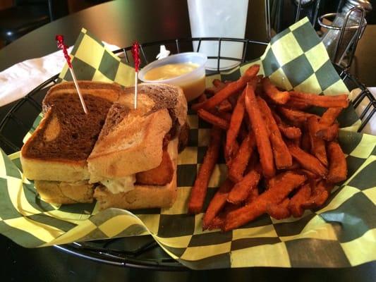 Market Reuben with White Fish with sweet potato fries! Special of the day!