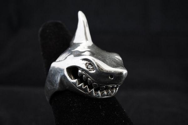 Sterling silver shark ring with black diamond eyes