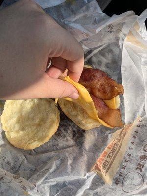 Bacon egg and cheese biscuit BUT WAIT NO EGG? Good job Burger King. TRASH!