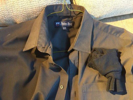 My husband's brand new black shirt. Now faded gray because it was Dry Cleaned instead of Laundered.