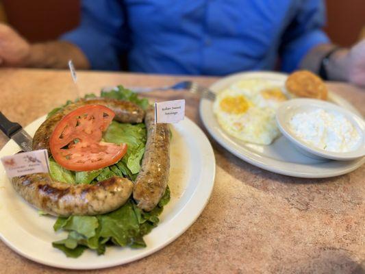 Sausage sampler breakfast: chorizo, sweet Italian, and chicken apple.  All 3 delicious!