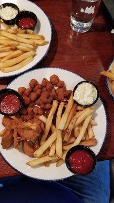 Popcorn shrimp, Walt's famous butterfly shrimp, fries tartar sauce and ketchup