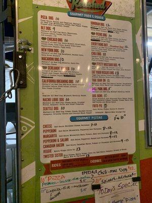 Menu of dogs and pizza