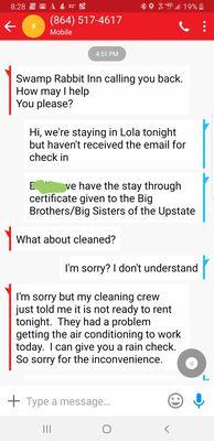 Text conversation with owner AFTER we have already arrived in Travelers Rest