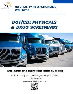 DOT/CDL Physicals and Drug Screenings, on-site testing available.