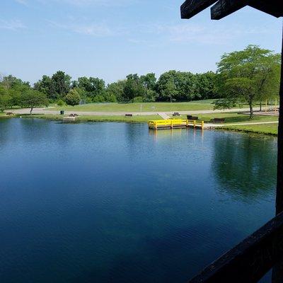 small pier on the north side of the pond