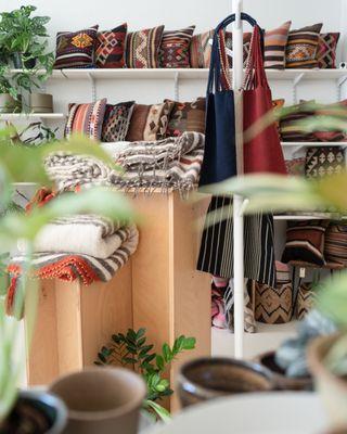 Turkish Kilim pillows and wool blankets warm up the space