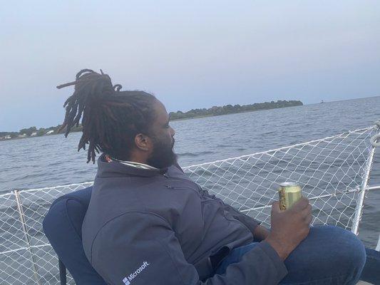 Enjoying a nice beer provided by Captain Rob!