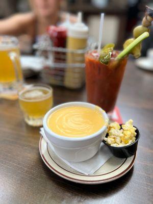 Beer cheese soup, a bloody with a Cow sidecar.