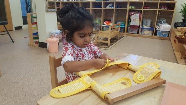 Toddler student learning how to button a button.