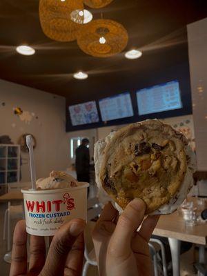 Toffee ice cream sandwich and chocolate covered strawberry mini scoop.