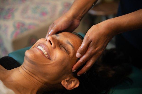 Shiroabhyanga -complete massage of the head, neck, and shoulders using Ayurvedic herbal oils. *Included in a shirodhara session.