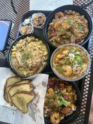 Filé Gumbo, Creole Chicken Pasta, Jambalaya, Voodoo Jambalaya, Angie's Bread Pudding (small taste from the amazing employee!!)