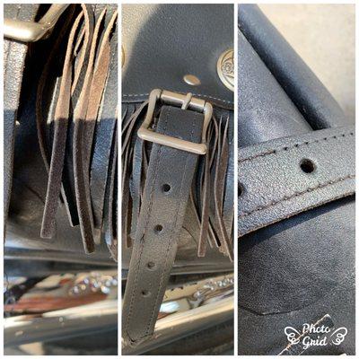 Three angles of repair on saddlebag the fringe helps